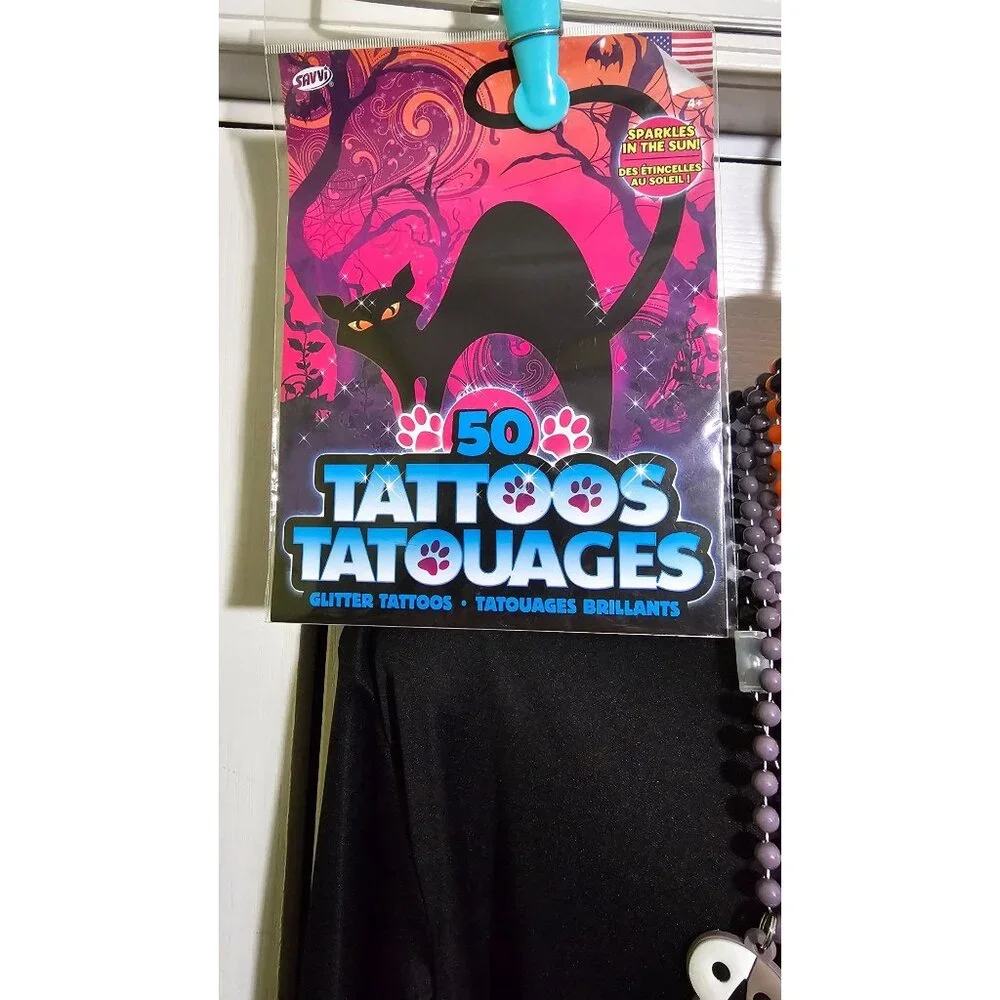 Witch Costume Girls 8-10 Dress Wig Hat Orange Belt Necklace Tattoo Halloween Set - Picture 4 of 6